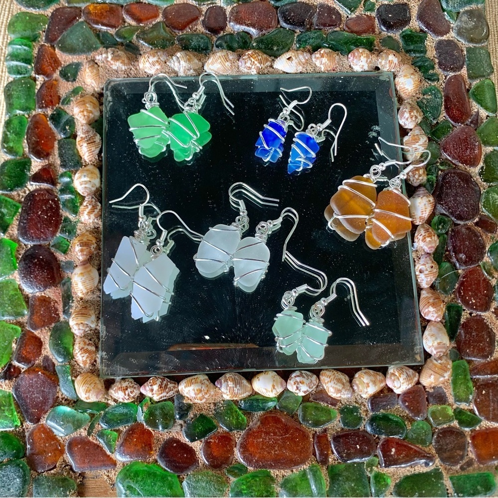 Sea glass earrings wire wrapped cobalt blue aqua green white brown milk